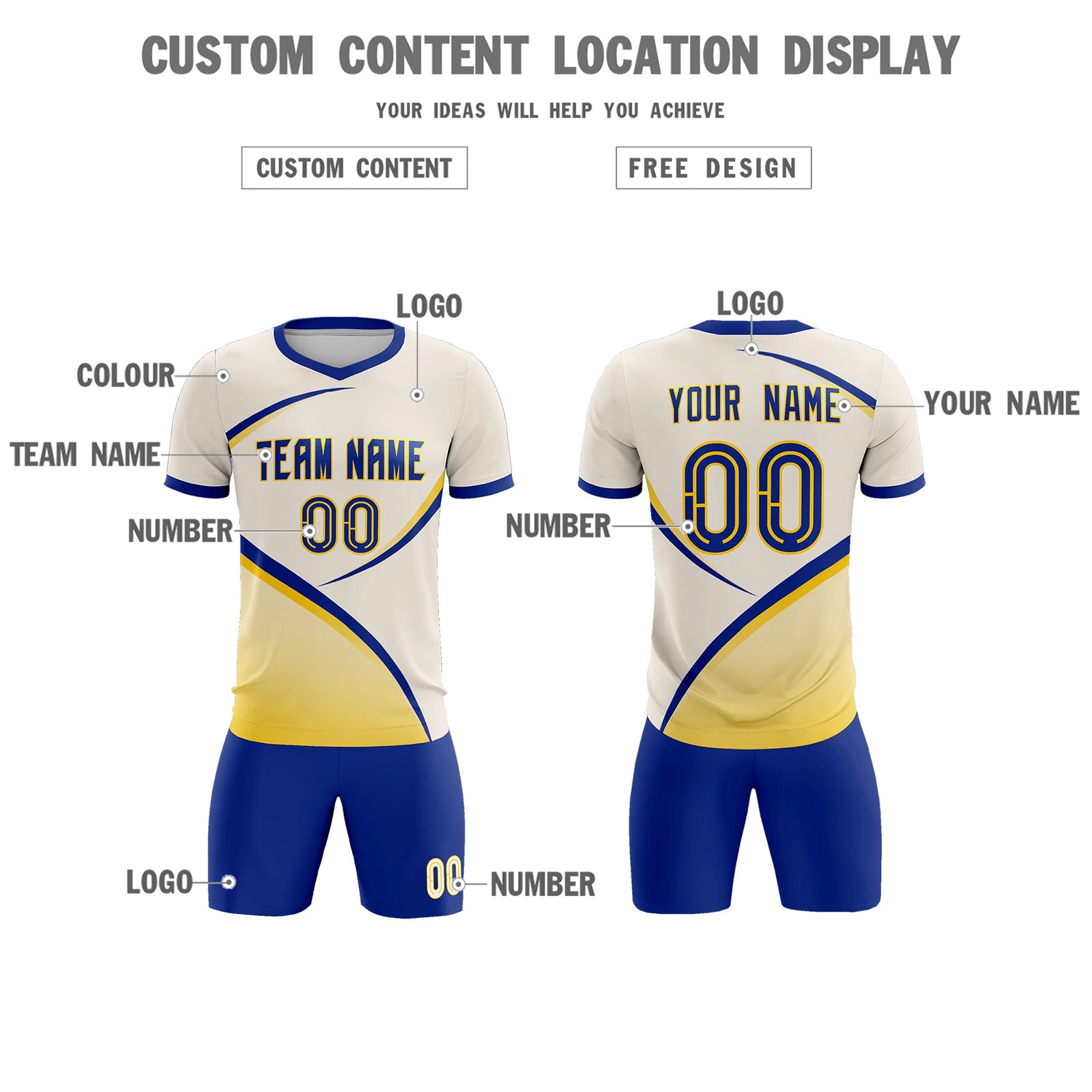 Custom Cream Royal Color Block Training Uniform For Men Soccer Sets Jersey