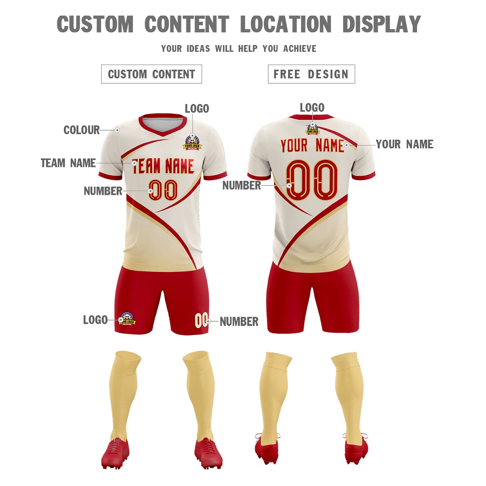 Custom Cream Red Color Block Training Uniform For Men Soccer Sets Jersey