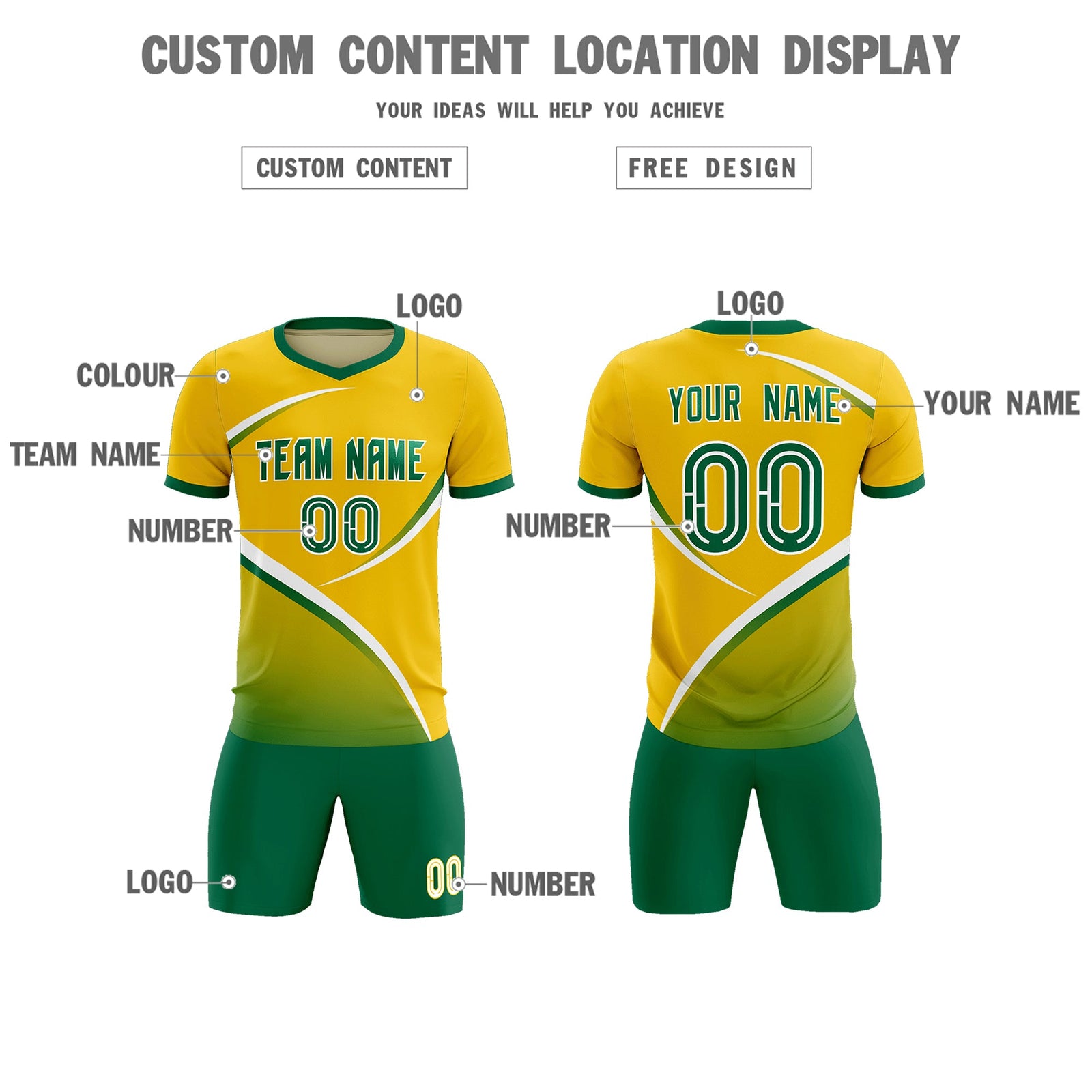 Custom Gold Kelly Green Color Block Training Uniform For Men Soccer Sets Jersey