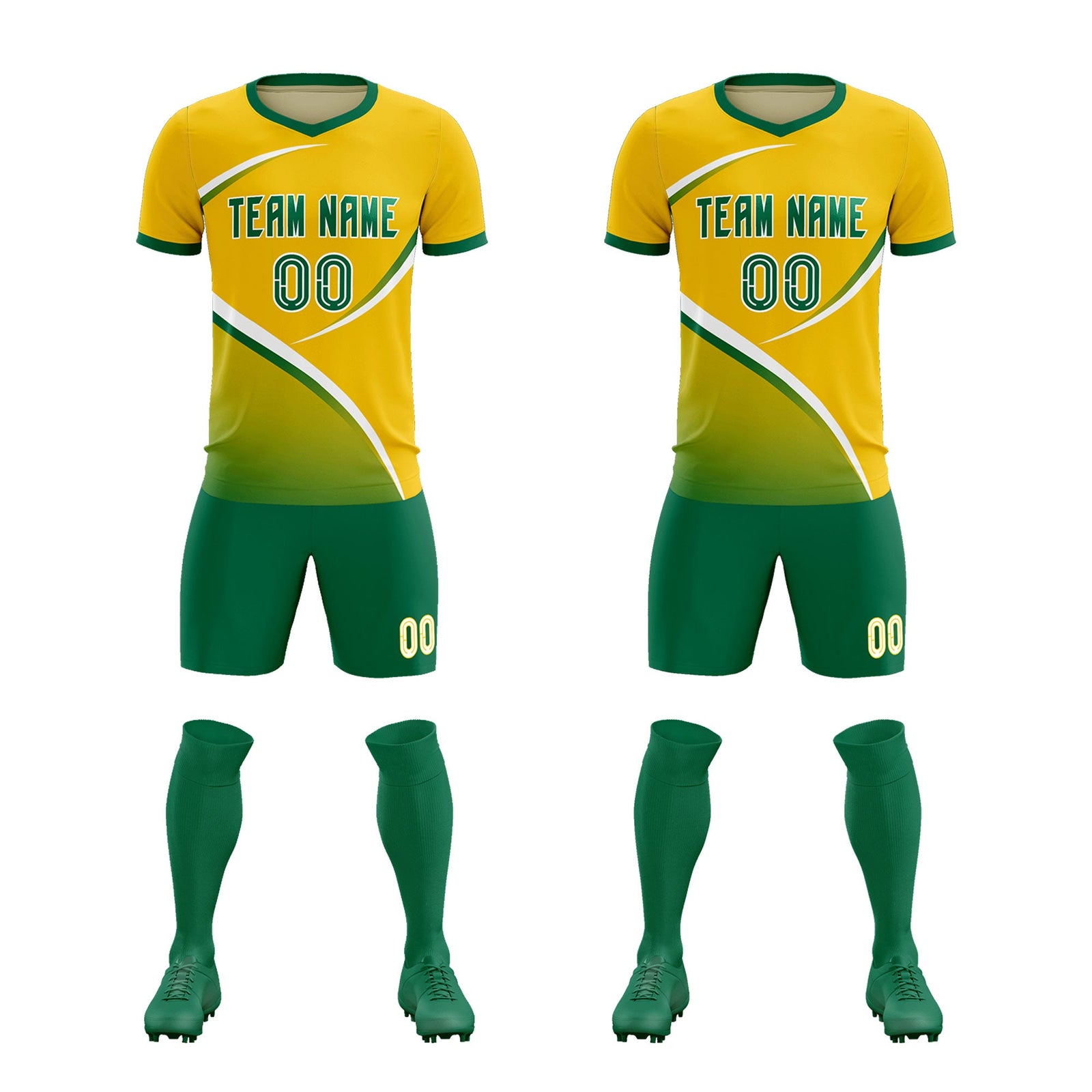Custom Gold Kelly Green Color Block Training Uniform For Men Soccer Sets Jersey