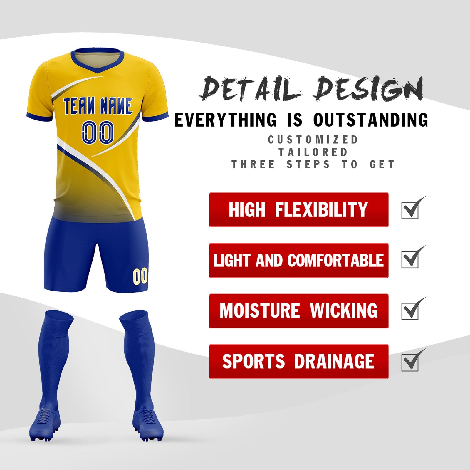 Custom Gold Royal Color Block Training Uniform For Men Soccer Sets Jersey