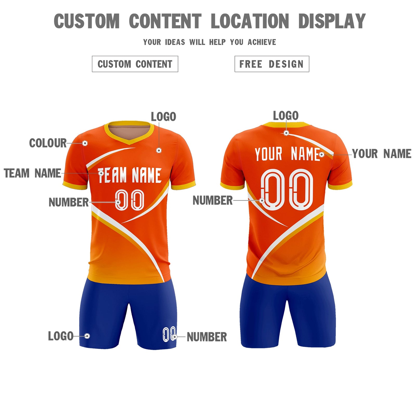 Custom Orange Gold Color Block Training Uniform For Men Soccer Sets Jersey