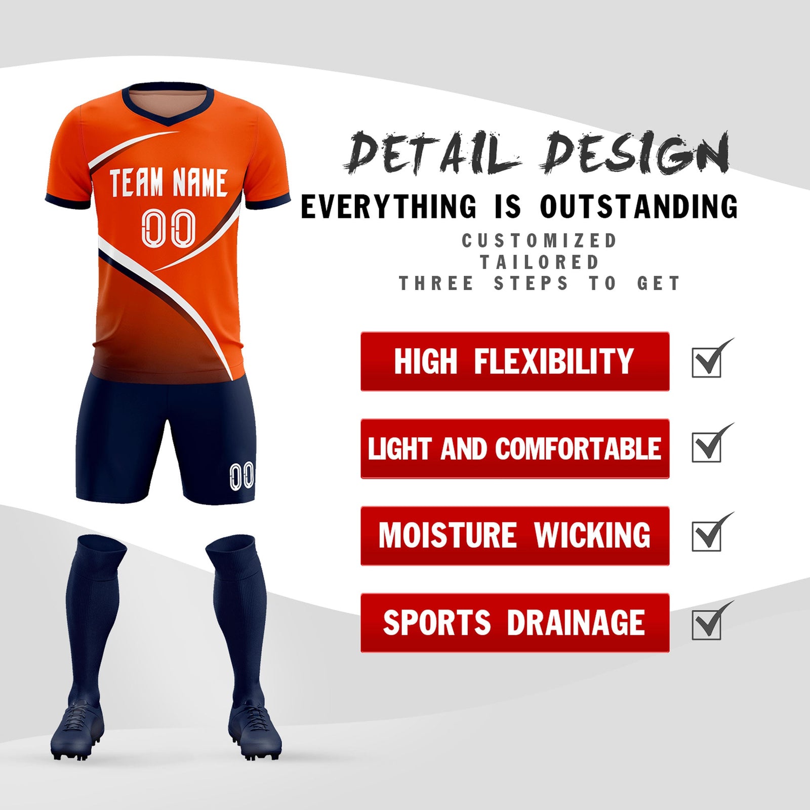 Custom Orange Navy Color Block Training Uniform For Men Soccer Sets Jersey