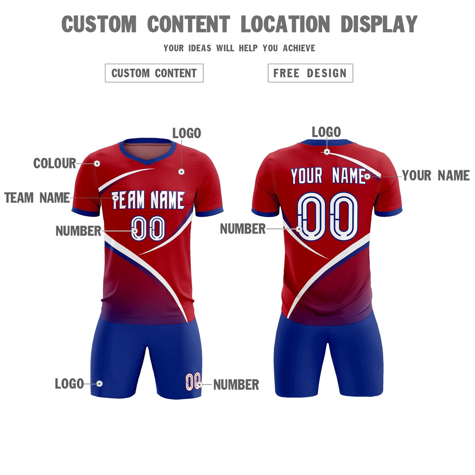 Custom Red Royal Color Block Training Uniform For Men Soccer Sets Jersey