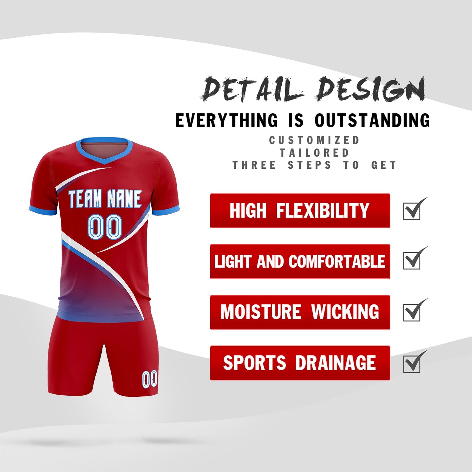 Custom Red Powder Blue Color Block Training Uniform For Men Soccer Sets Jersey