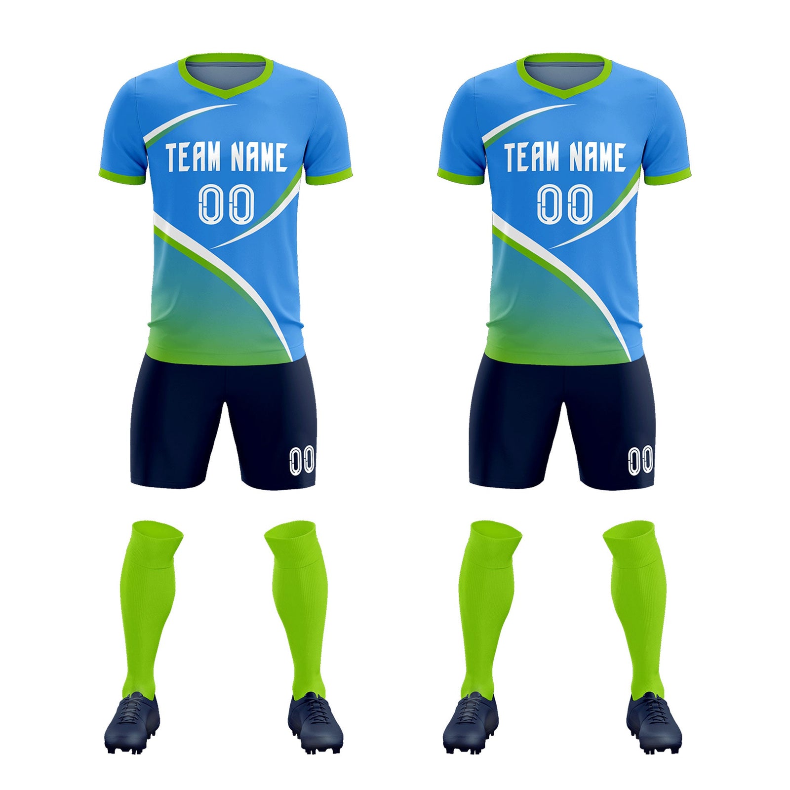 Custom Powder Blue Neon Green Color Block Training Uniform For Men Soccer Sets Jersey