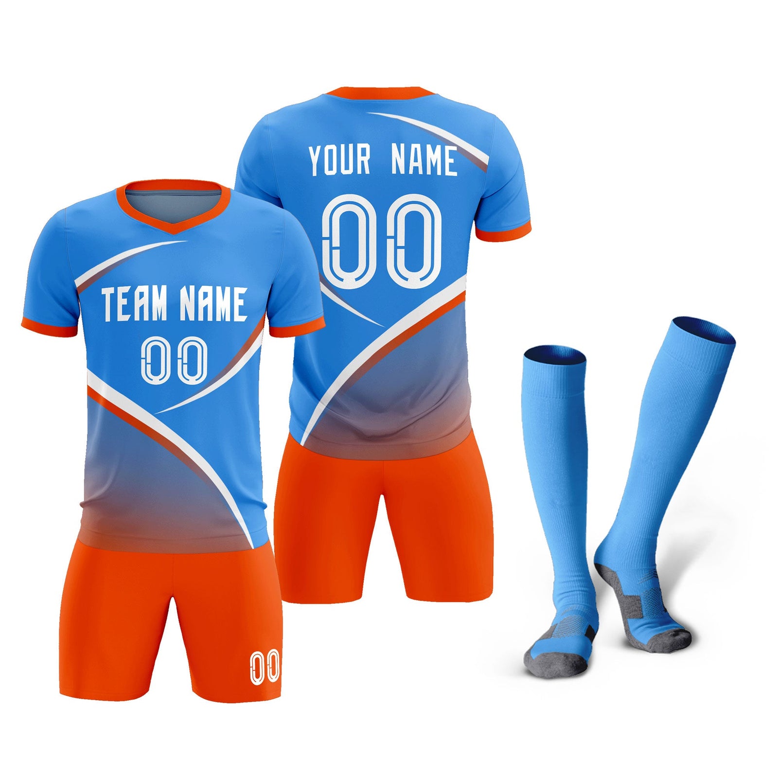 Custom Powder Blue Orange Color Block Training Uniform For Men Soccer Sets Jersey