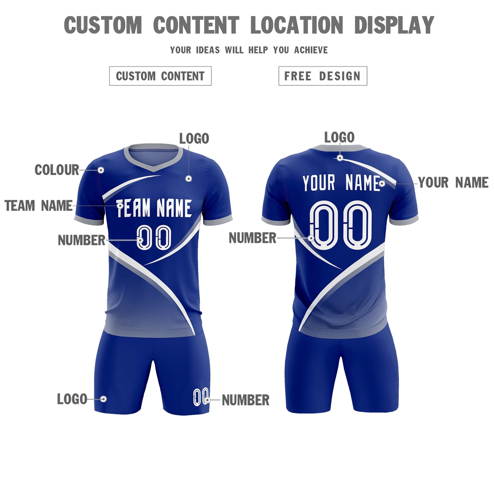 Custom Royal Gray Color Block Training Uniform For Men Soccer Sets Jersey