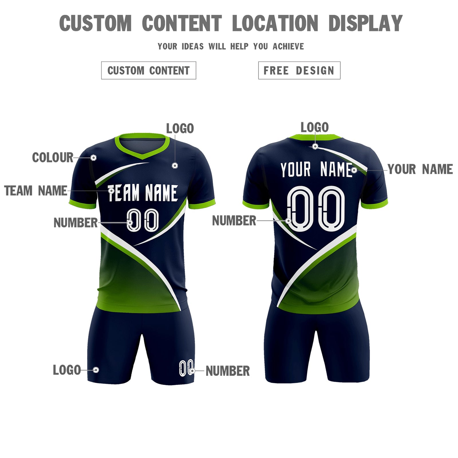 Custom Navy Neon Green Color Block Training Uniform For Men Soccer Sets Jersey