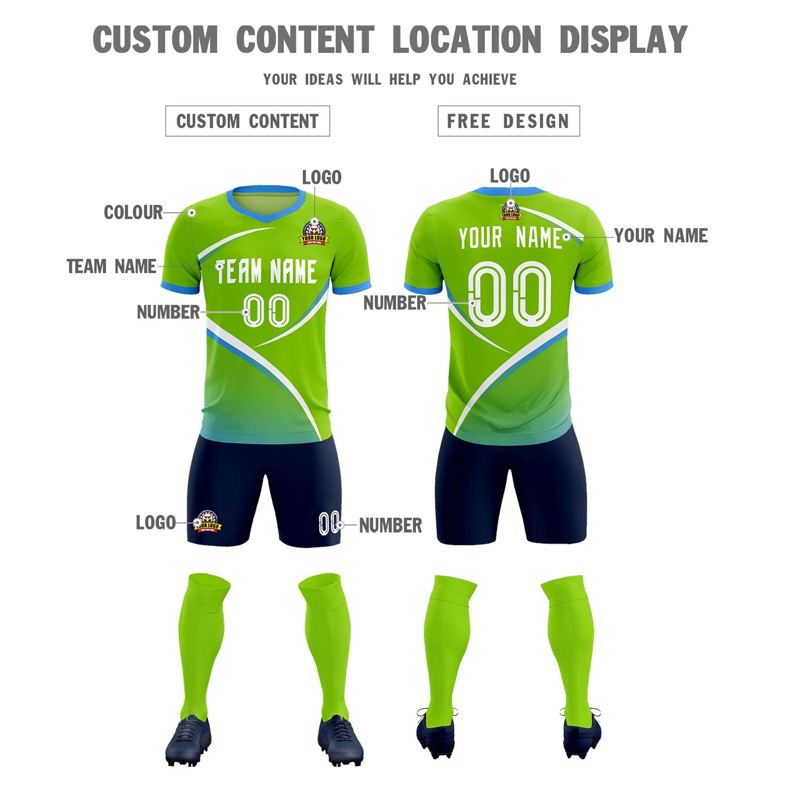 Custom Neon Green Powder Blue Color Block Training Uniform For Men Soccer Sets Jersey