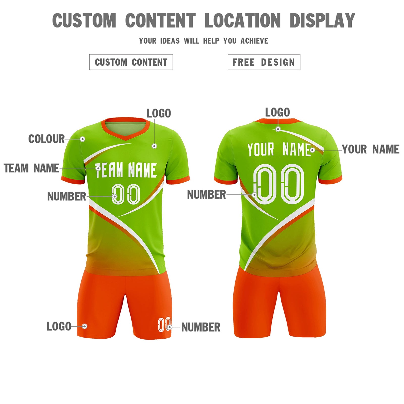 Custom Neon Green Orange Color Block Training Uniform For Men Soccer Sets Jersey