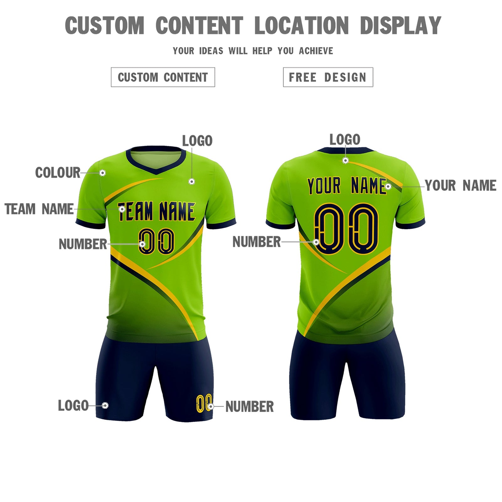 Custom Neon Green Navy Color Block Training Uniform For Men Soccer Sets Jersey