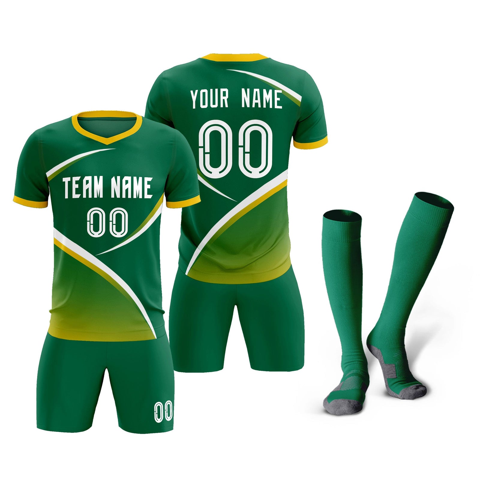 Custom Kelly Green Gold Color Block Training Uniform For Men Soccer Sets Jersey