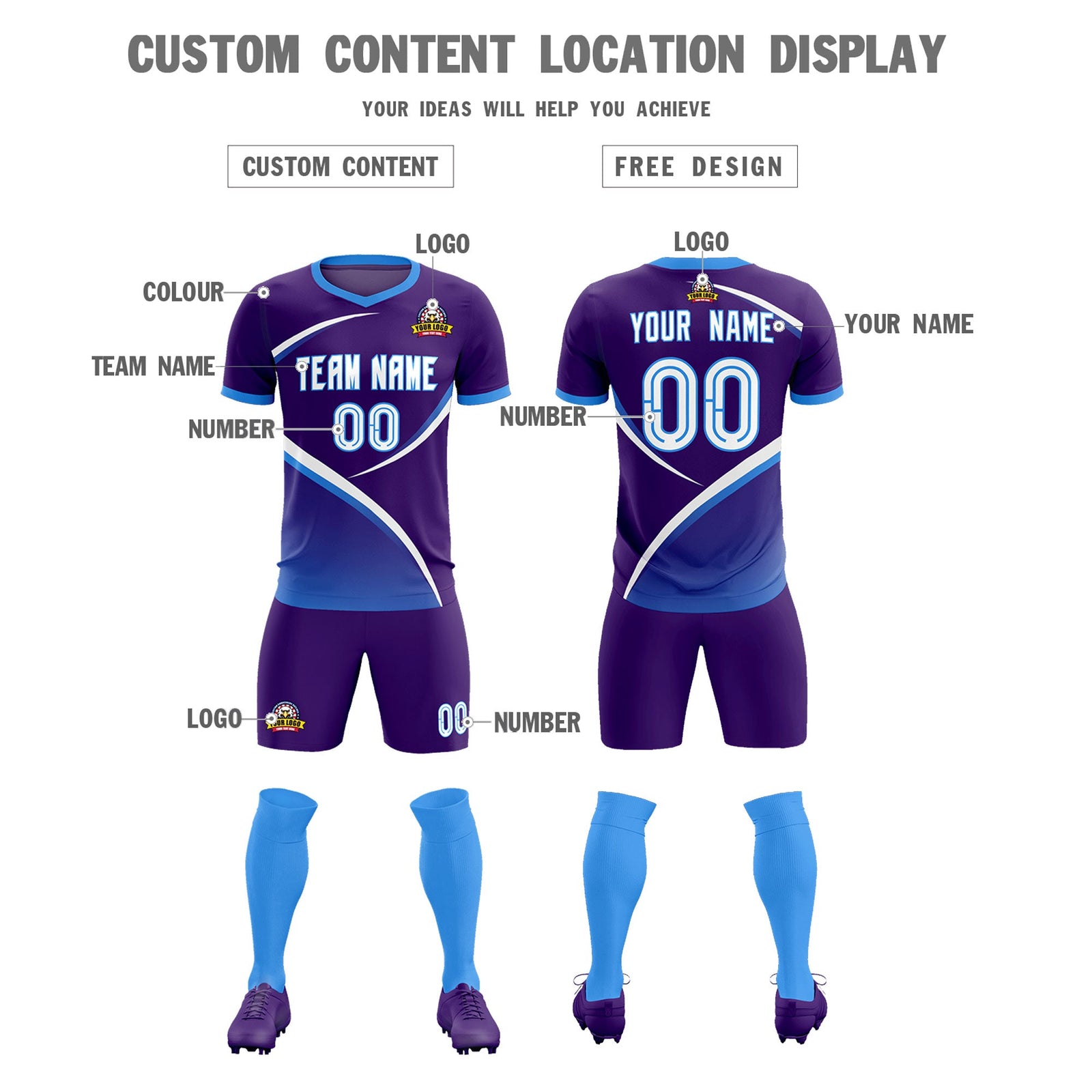 Custom Purple Powder Blue Color Block Training Uniform For Men Soccer Sets Jersey