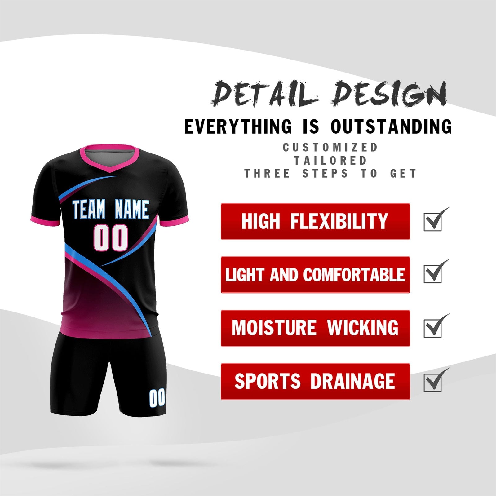 Custom Black Pink Color Block Training Uniform For Men Soccer Sets Jersey