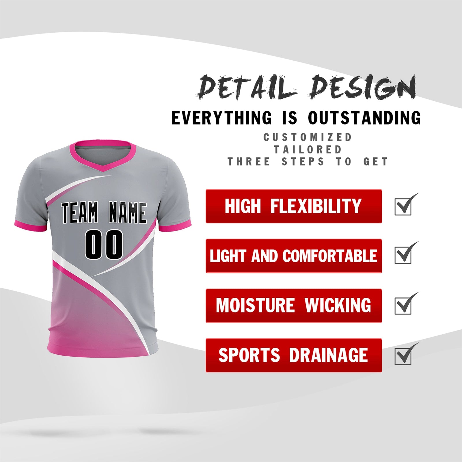 Custom Gray Pink Color Block Training Uniform For Men Soccer Sets Jersey