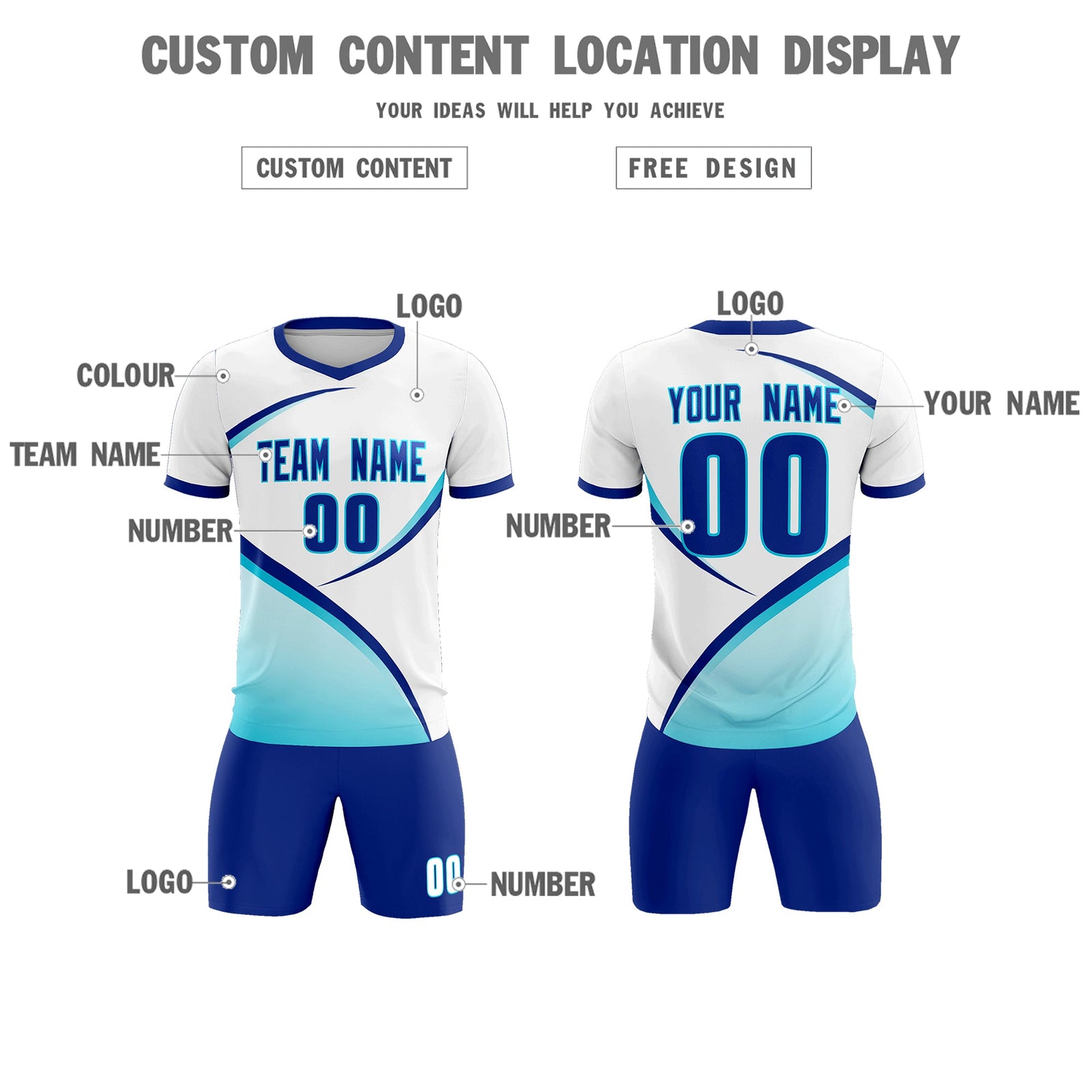 Custom White Sky Blue Color Block Training Uniform For Men Soccer Sets Jersey