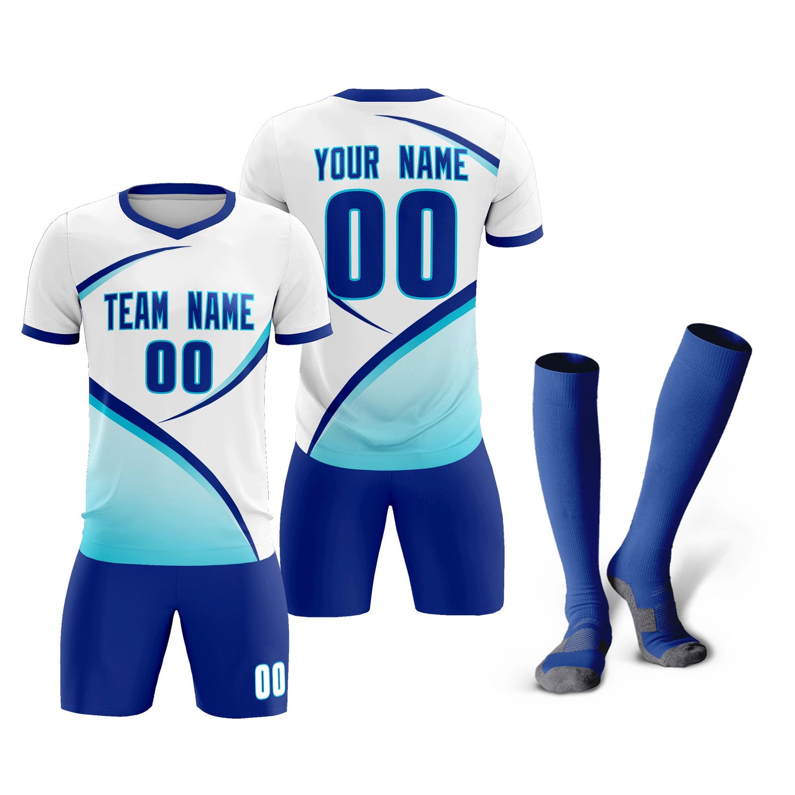 Custom White Sky Blue Color Block Training Uniform For Men Soccer Sets Jersey