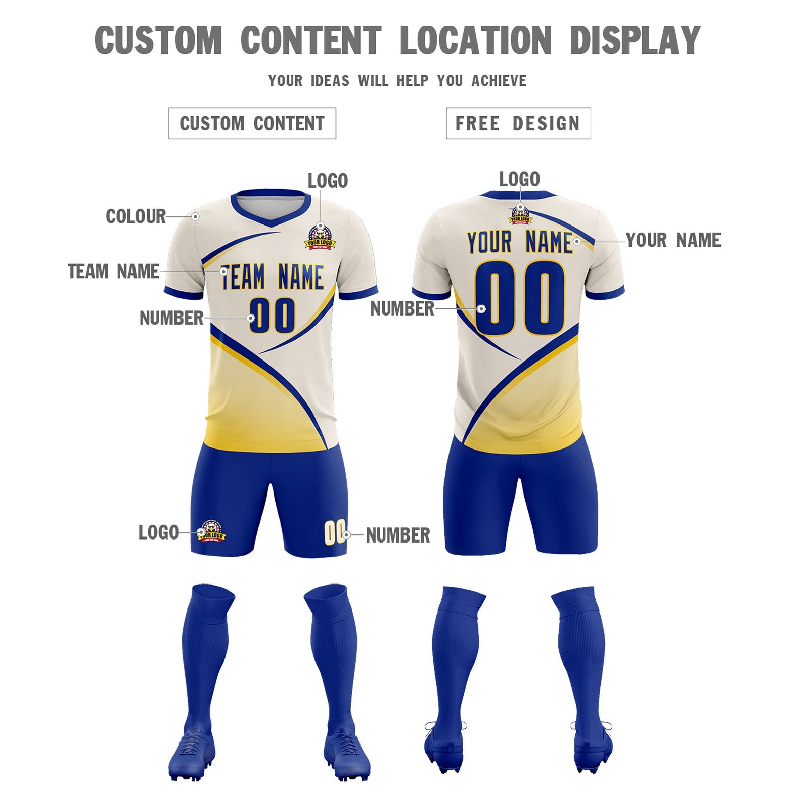 Custom Cream Royal Color Block Training Uniform For Men Soccer Sets Jersey