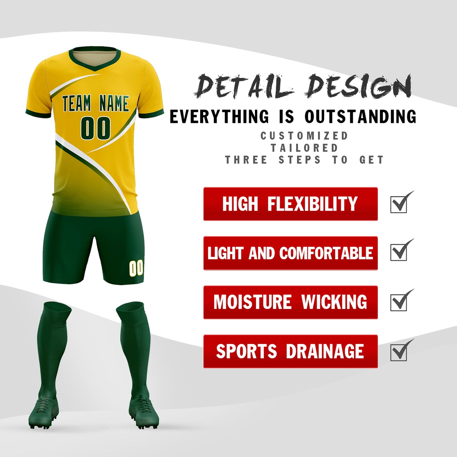 Custom Gold Green Color Block Training Uniform For Men Soccer Sets Jersey