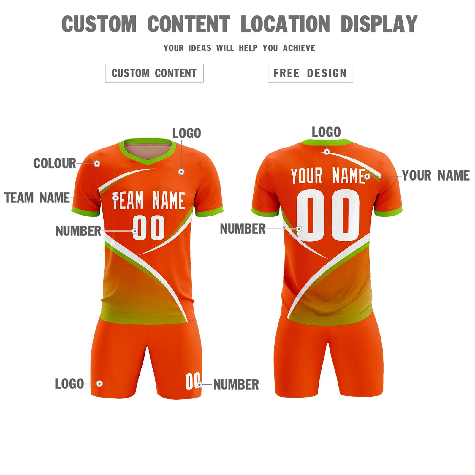 Custom Orange Neon Green Color Block Training Uniform For Men Soccer Sets Jersey