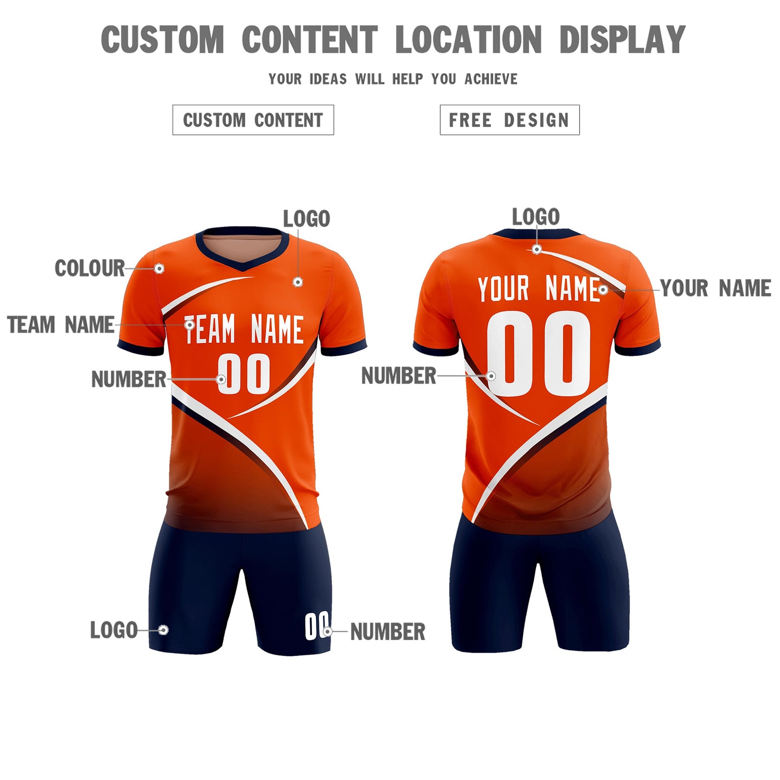 Custom Orange Navy Color Block Training Uniform For Men Soccer Sets Jersey