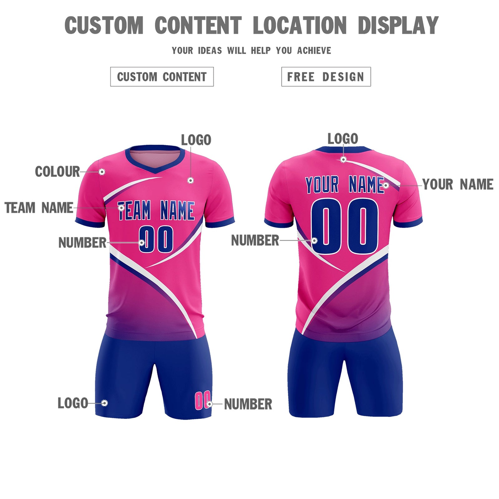 Custom Pink Royal Color Block Training Uniform For Men Soccer Sets Jersey