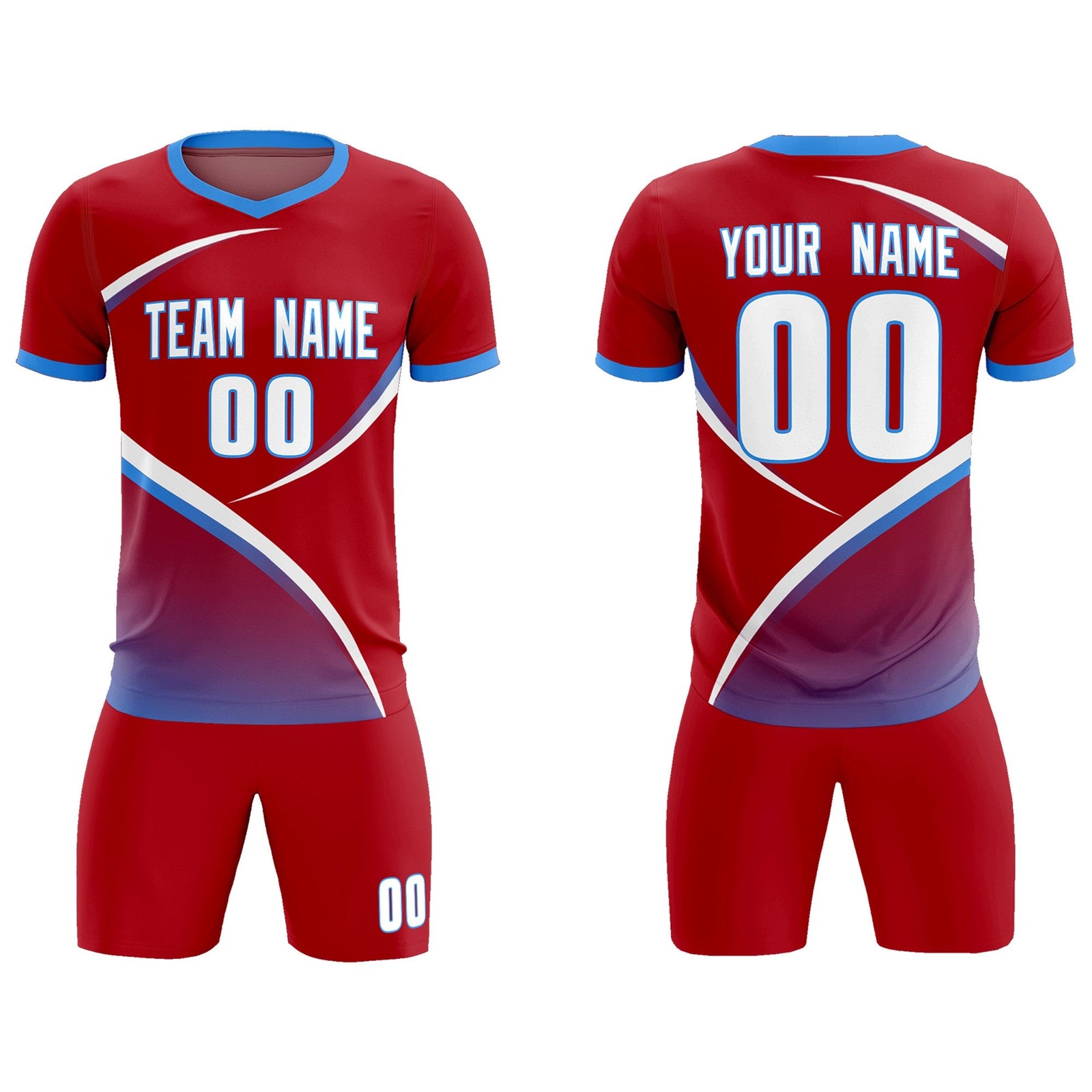 Custom Red Powder Blue Color Block Training Uniform For Men Soccer Sets Jersey