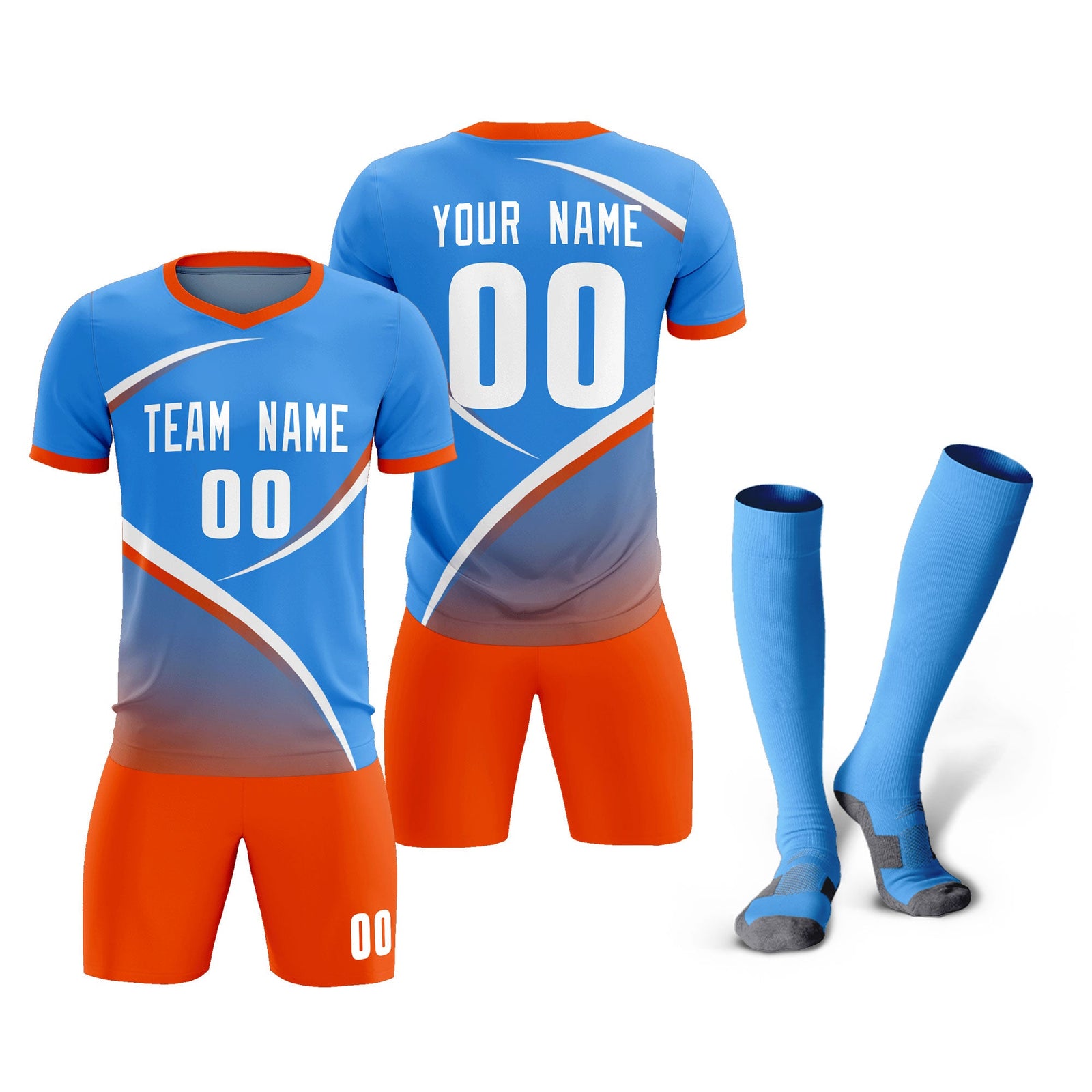 Custom Powder Blue Orange Color Block Training Uniform For Men Soccer Sets Jersey