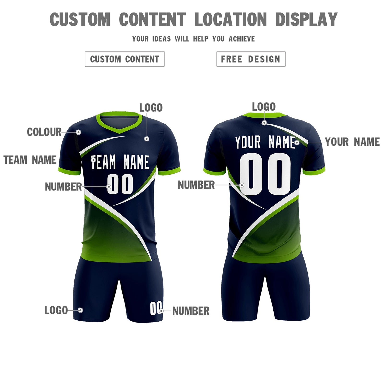 Custom Navy Neon Green Color Block Training Uniform For Men Soccer Sets Jersey