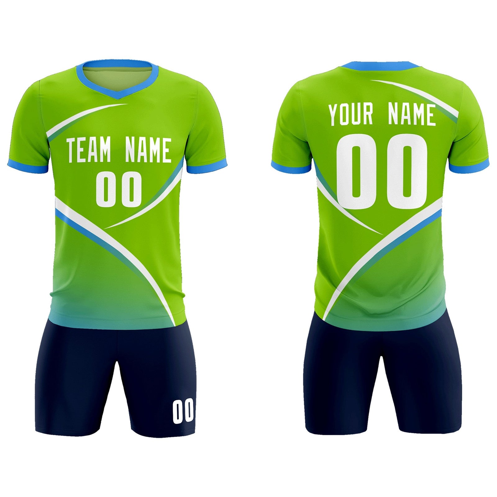 Custom Neon Green Powder Blue Color Block Training Uniform For Men Soccer Sets Jersey