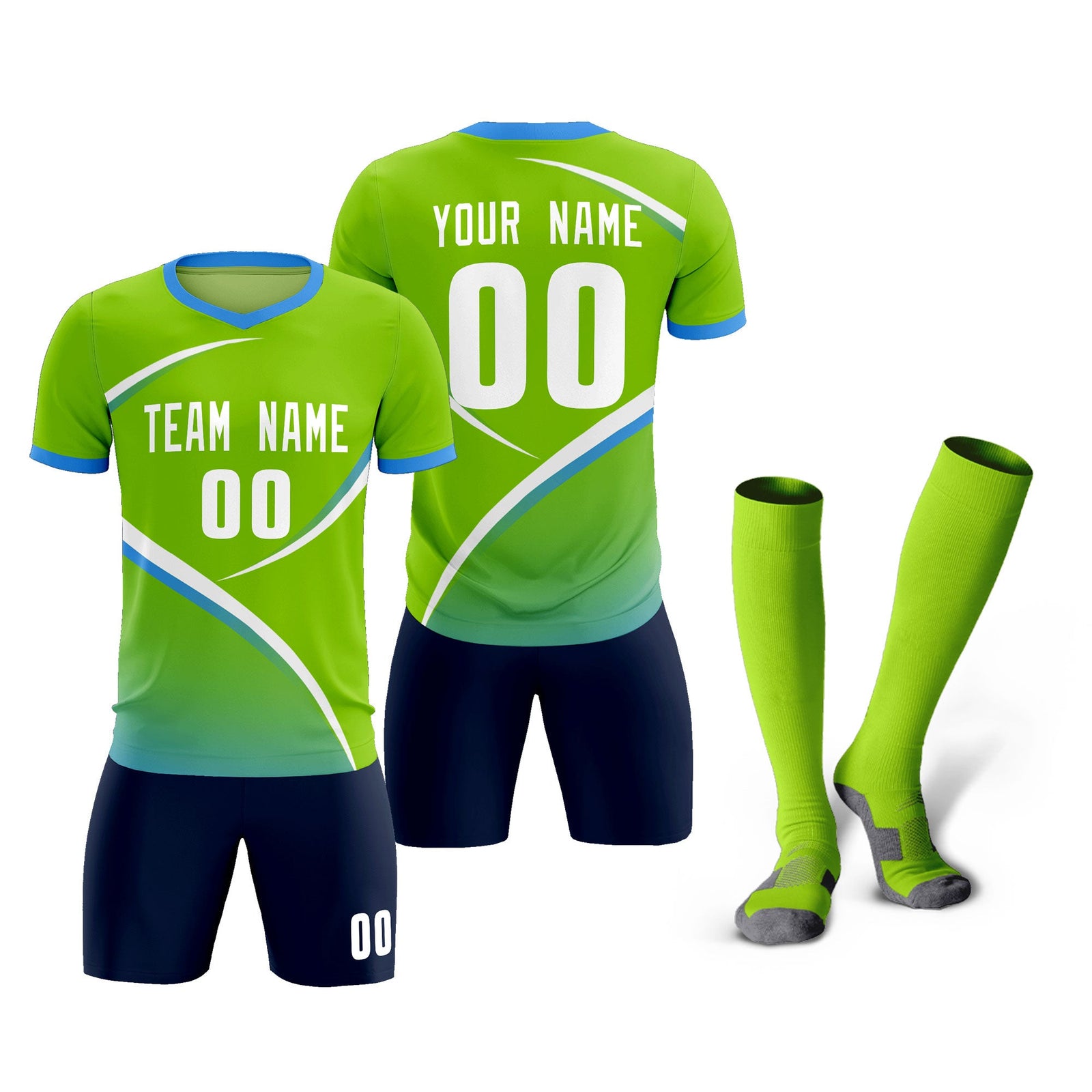 Custom Neon Green Powder Blue Color Block Training Uniform For Men Soccer Sets Jersey