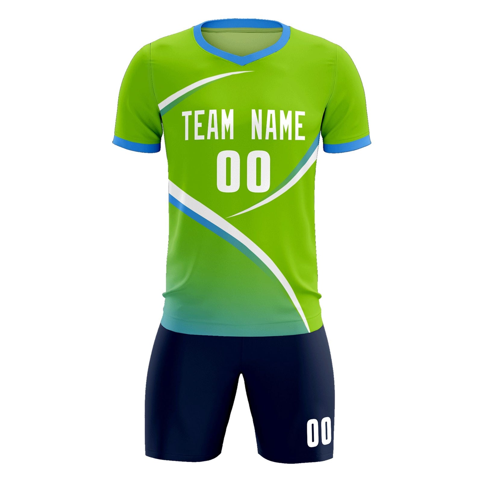 Custom Neon Green Powder Blue Color Block Training Uniform For Men Soccer Sets Jersey