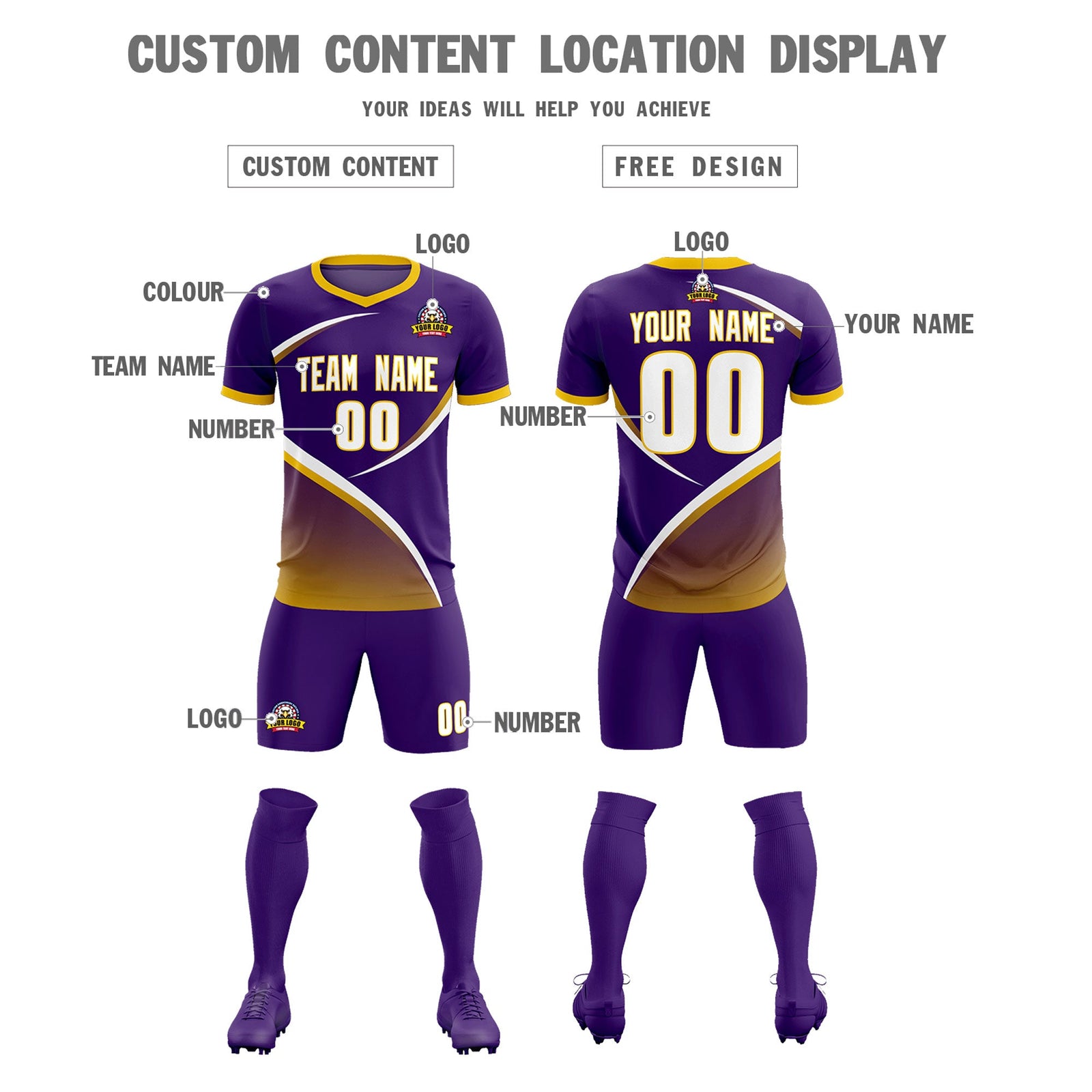 Custom Purple Gold Color Block Training Uniform For Men Soccer Sets Jersey