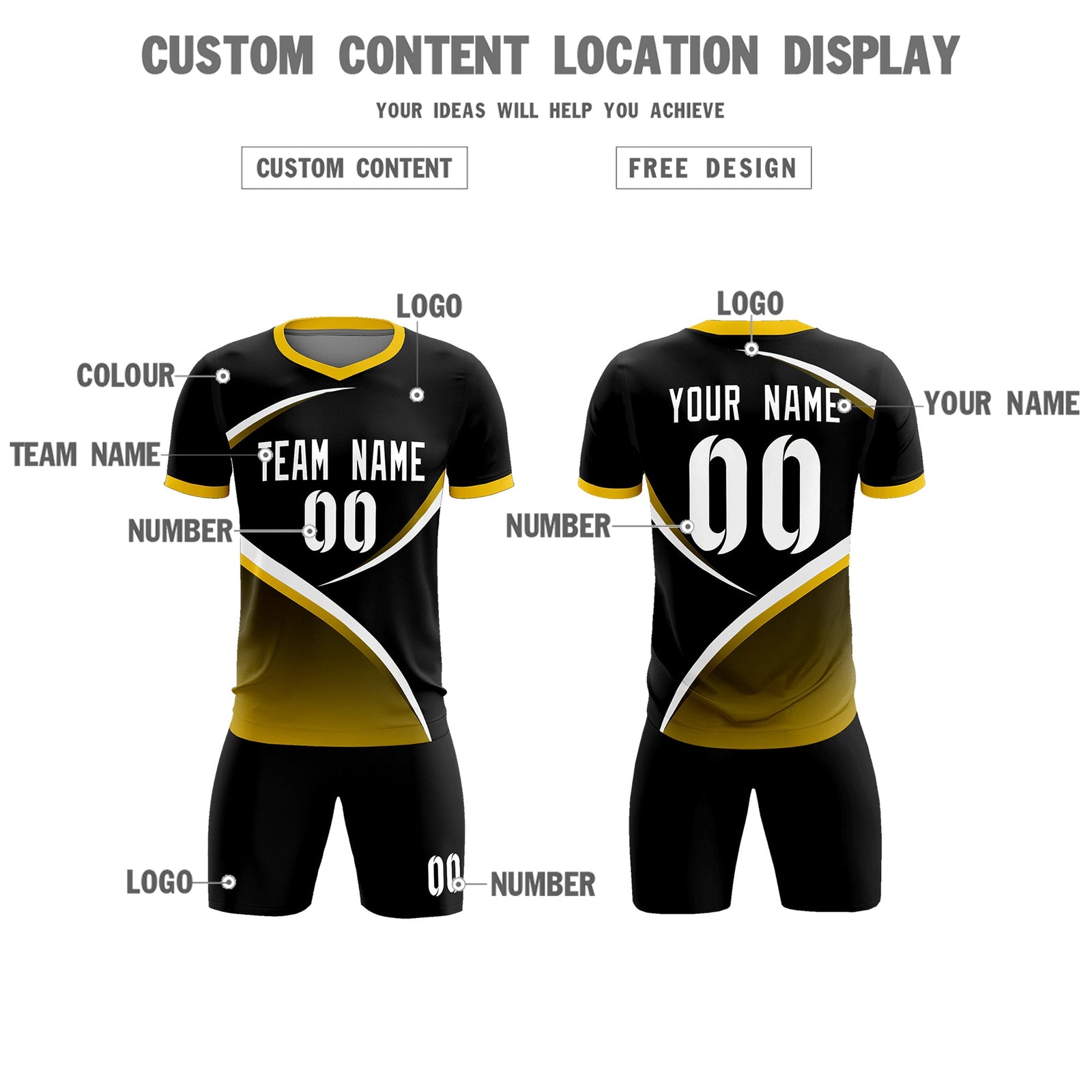 Custom Black Gold Color Block Training Uniform For Men Soccer Sets Jersey