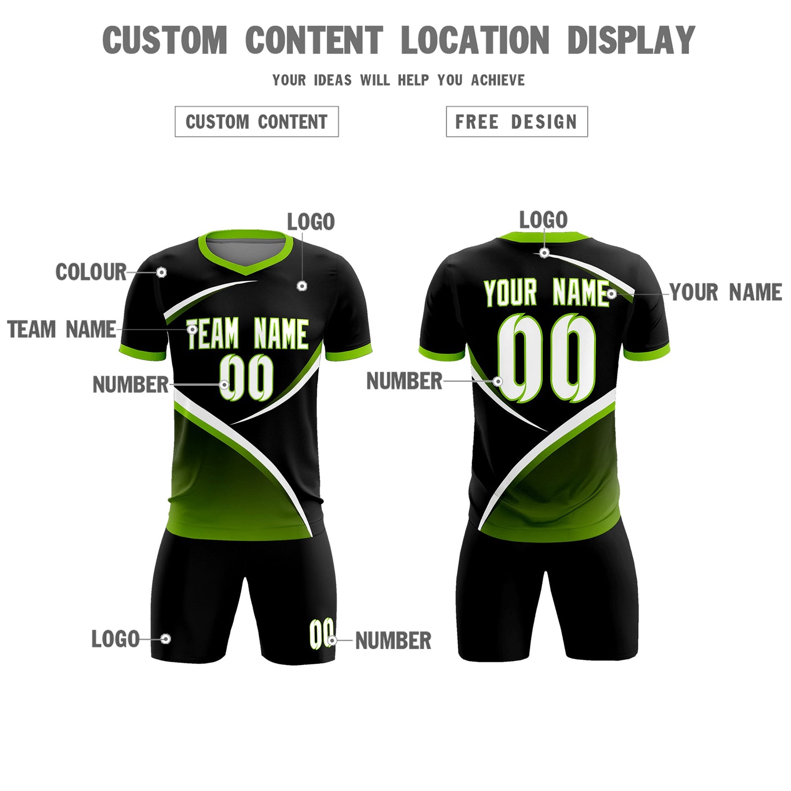 Custom Black Neon Green Color Block Training Uniform For Men Soccer Sets Jersey