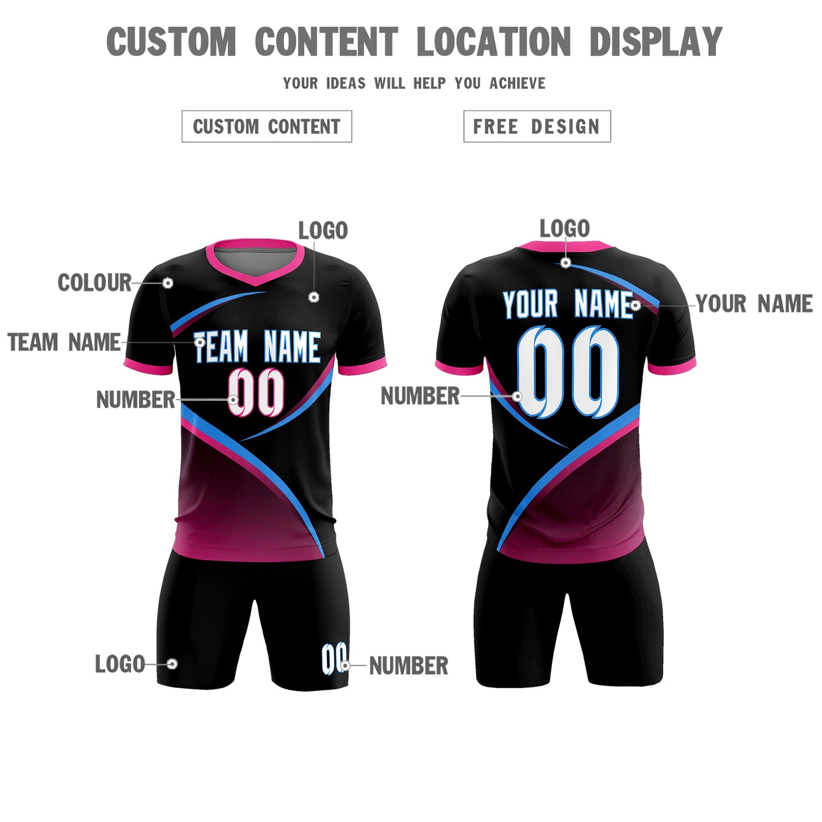 Custom Black Pink Color Block Training Uniform For Men Soccer Sets Jersey