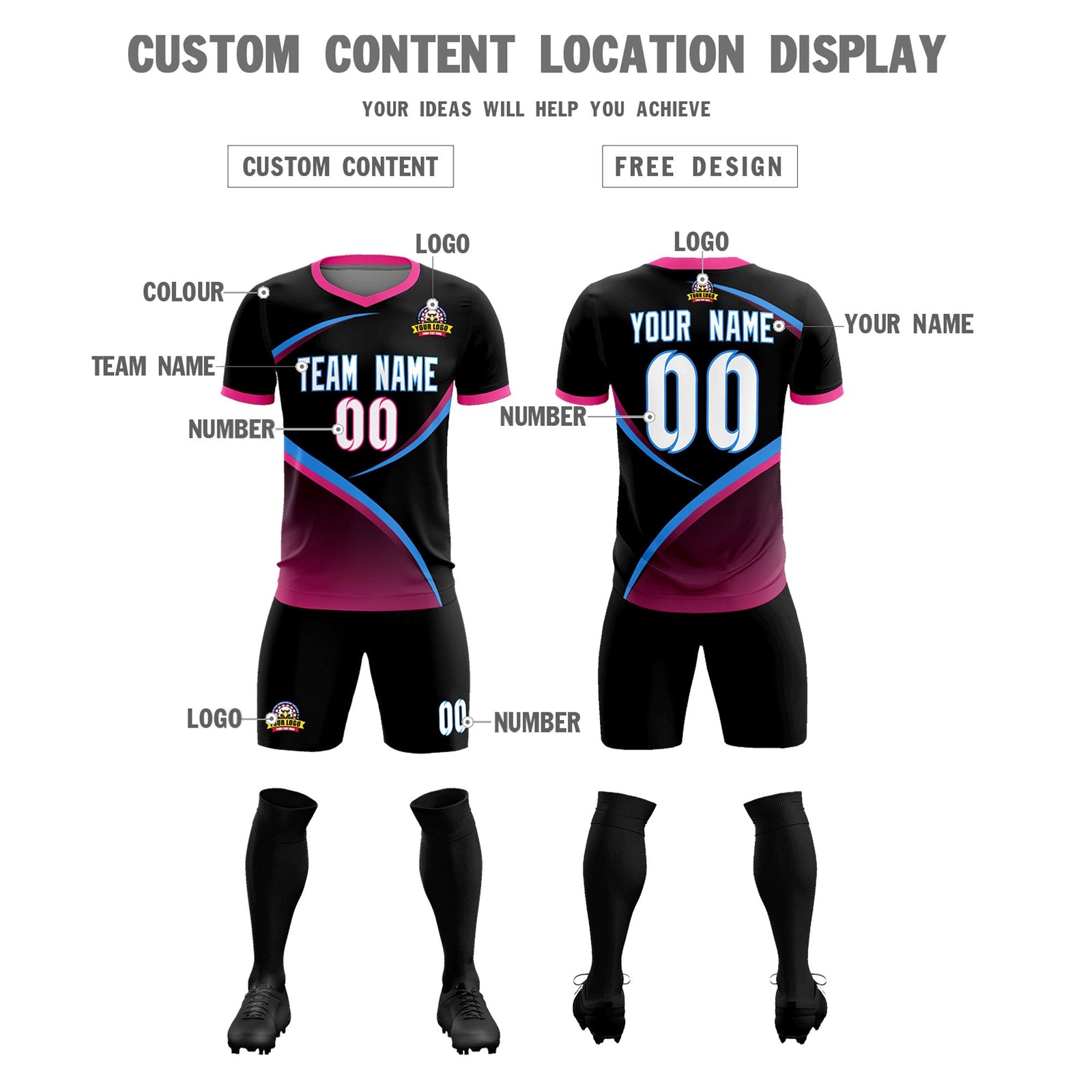 Custom Black Pink Color Block Training Uniform For Men Soccer Sets Jersey