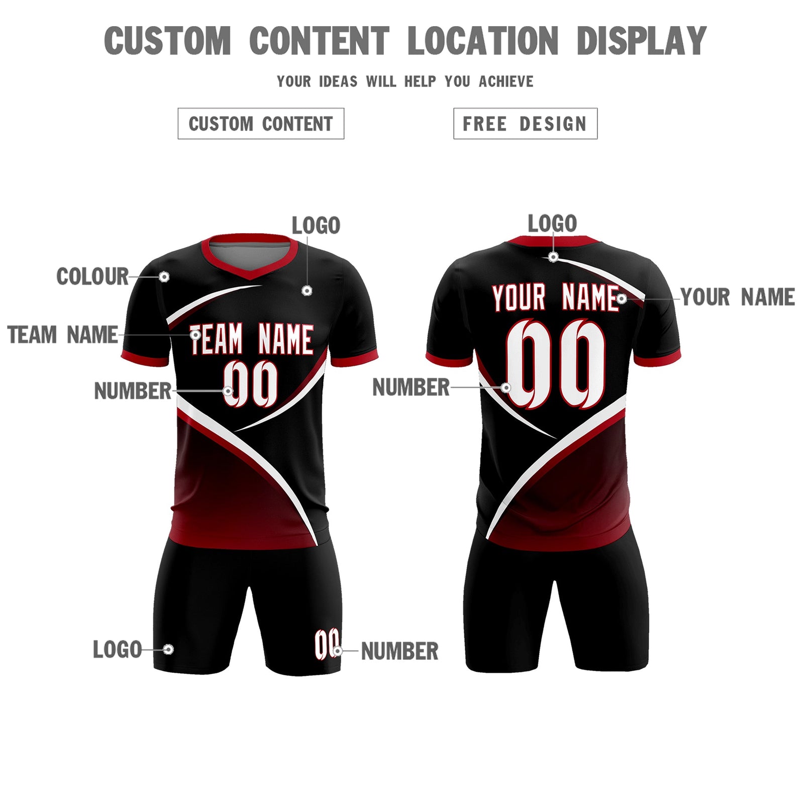 Custom Black Red Color Block Training Uniform For Men Soccer Sets Jersey