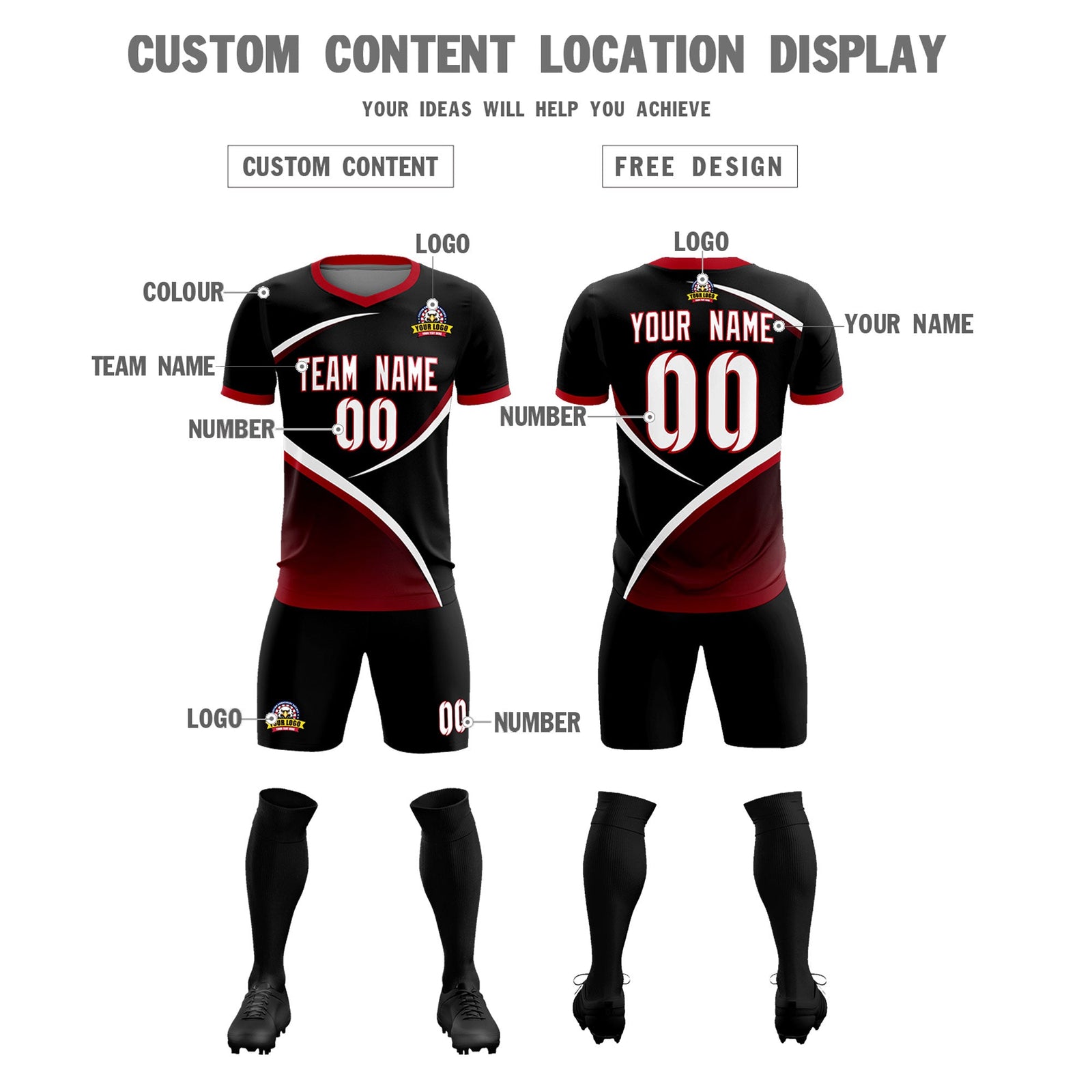 Custom Black Red Color Block Training Uniform For Men Soccer Sets Jersey