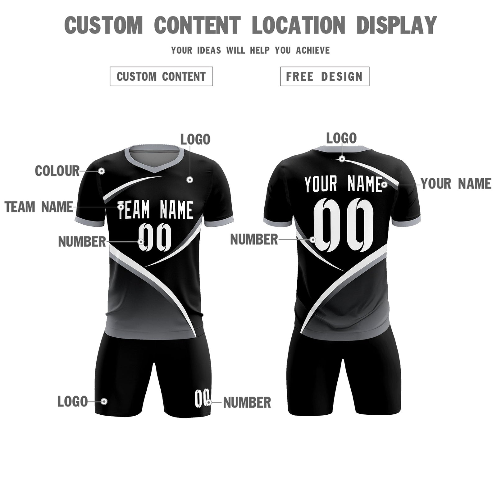 Custom Black Gray Color Block Training Uniform For Men Soccer Sets Jersey