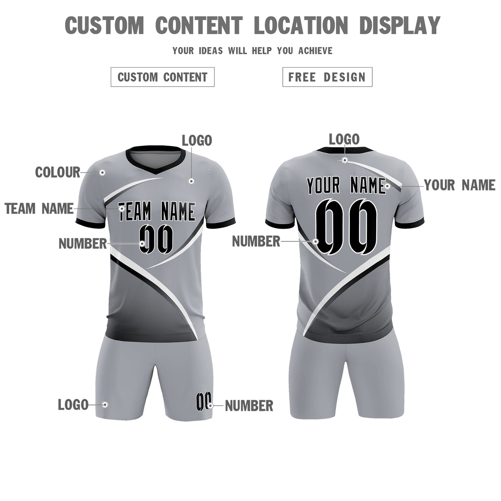 Custom Gray Black Color Block Training Uniform For Men Soccer Sets Jersey