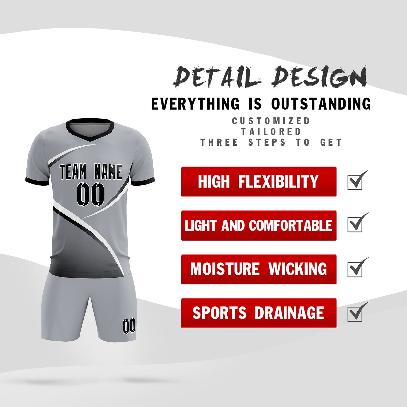 Custom Gray Black Color Block Training Uniform For Men Soccer Sets Jersey