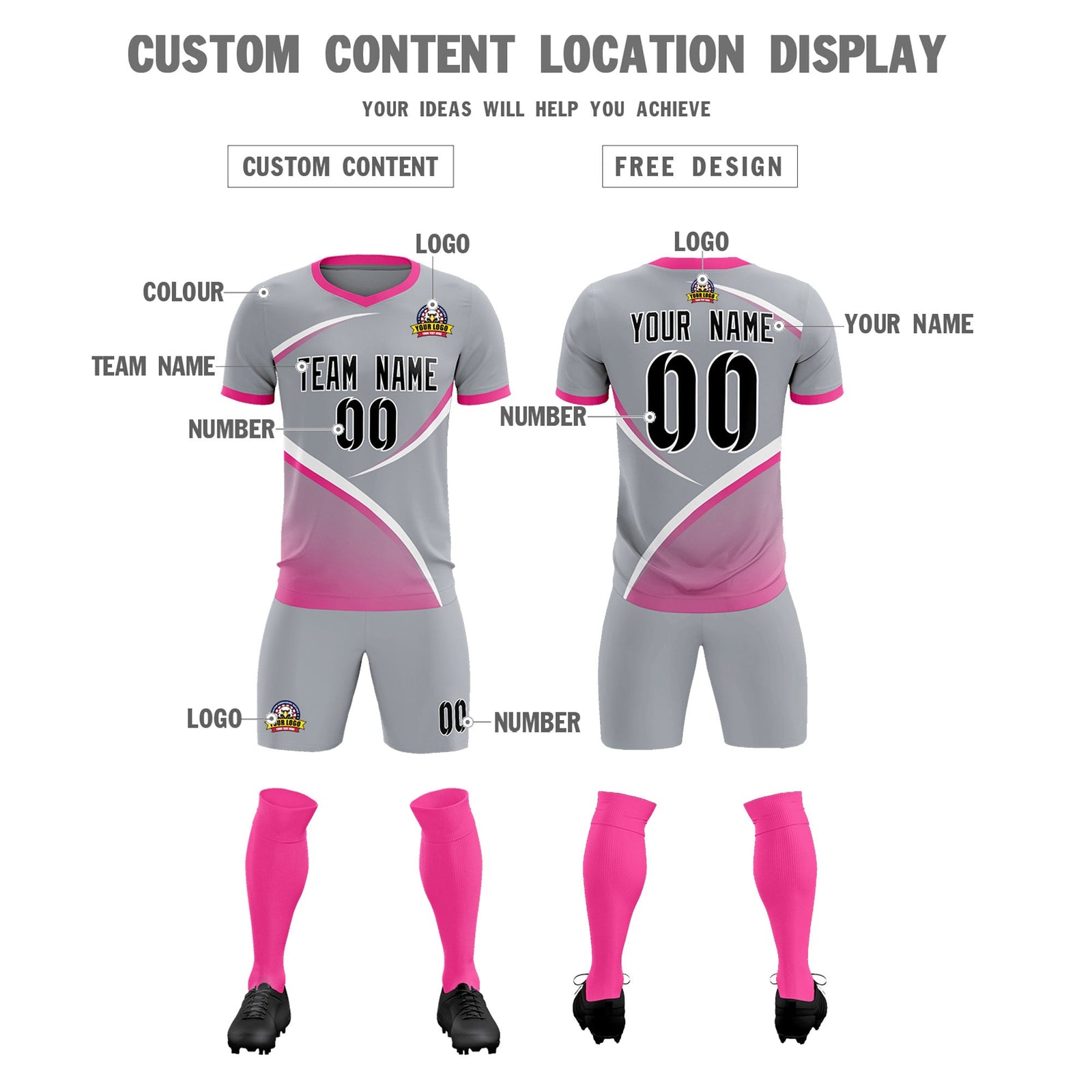 Custom Gray Pink Color Block Training Uniform For Men Soccer Sets Jersey