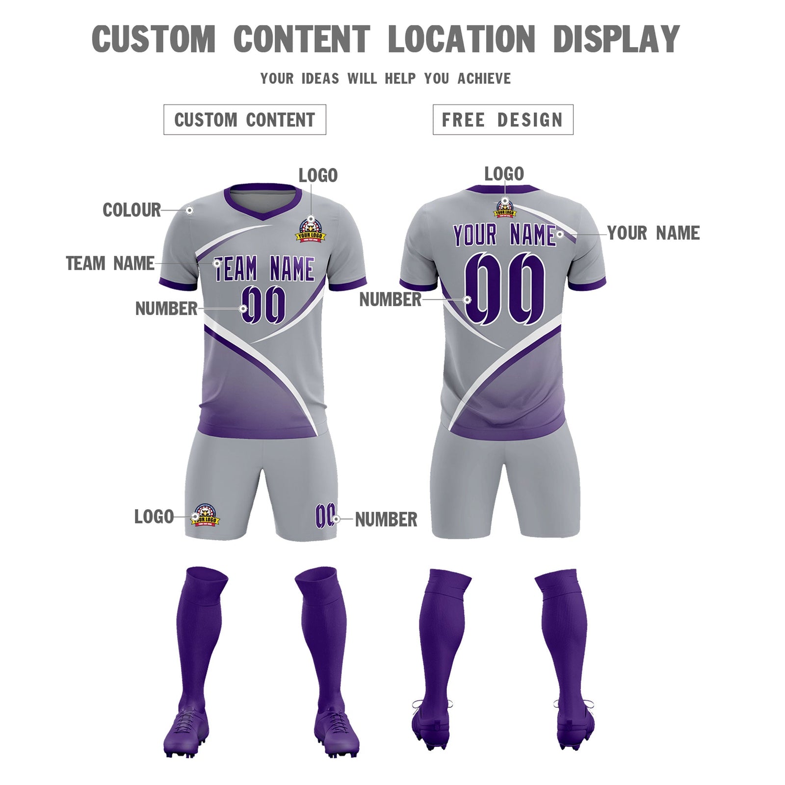 Custom Gray Purple Color Block Training Uniform For Men Soccer Sets Jersey