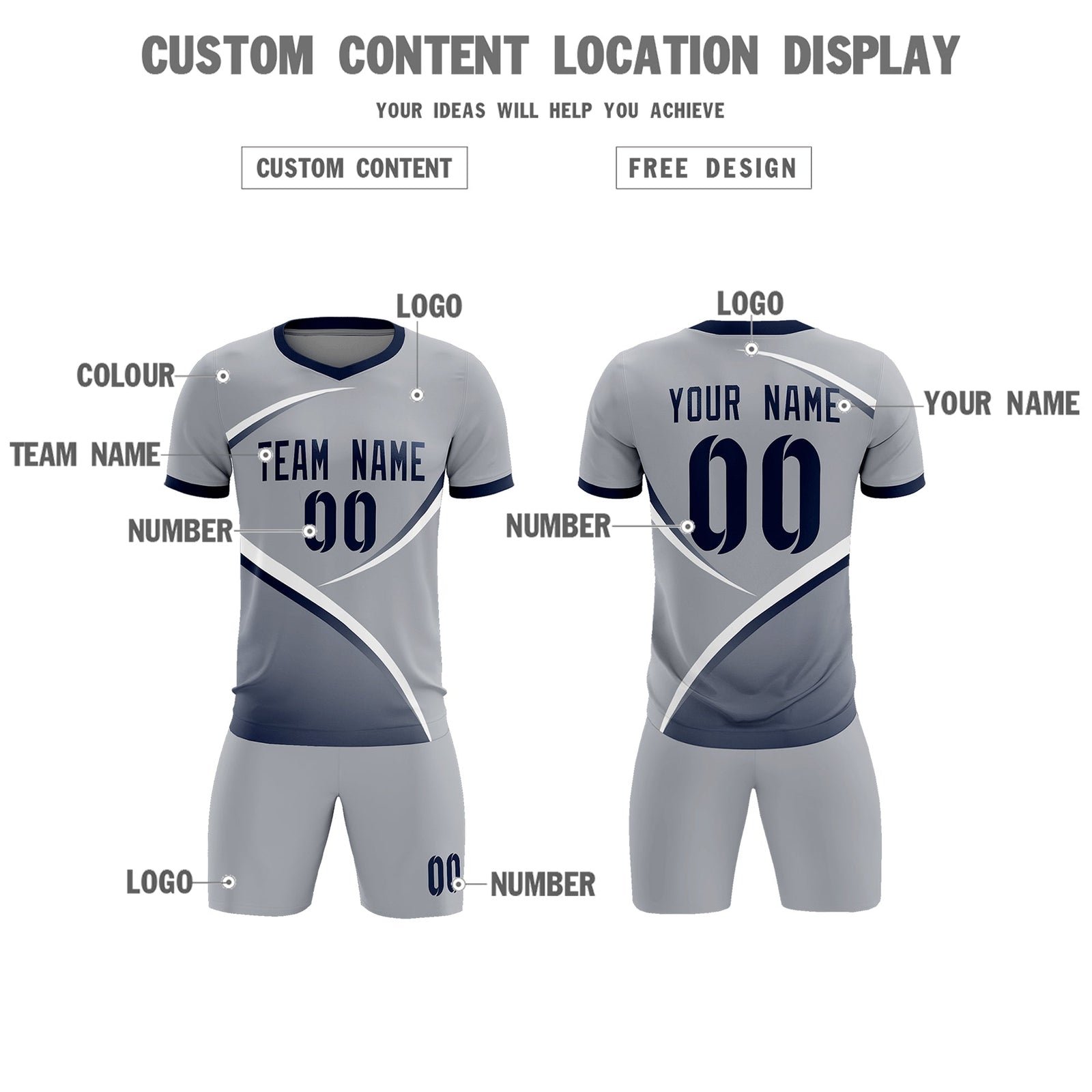 Custom Gray Navy Color Block Training Uniform For Men Soccer Sets Jersey