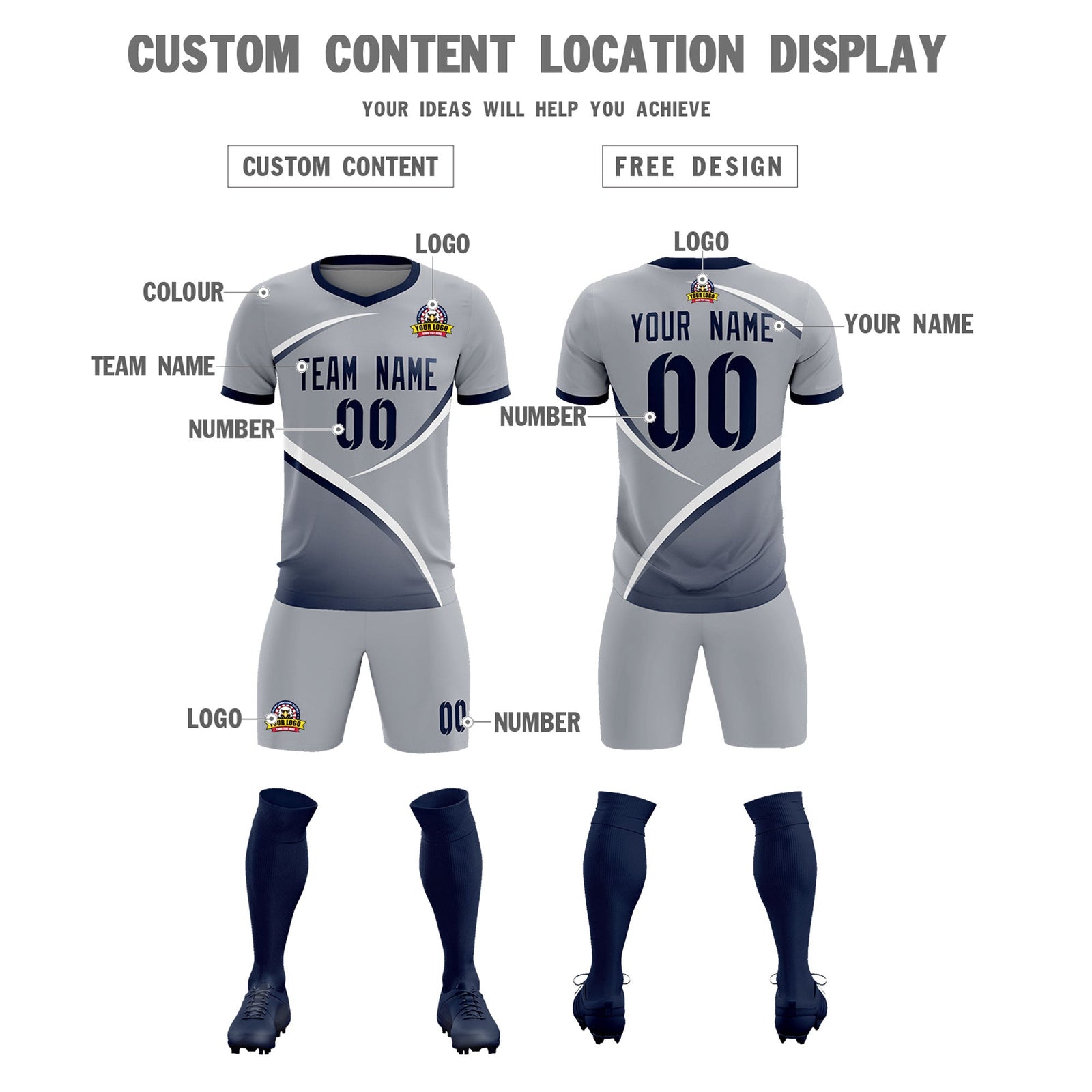 Custom Gray Navy Color Block Training Uniform For Men Soccer Sets Jersey