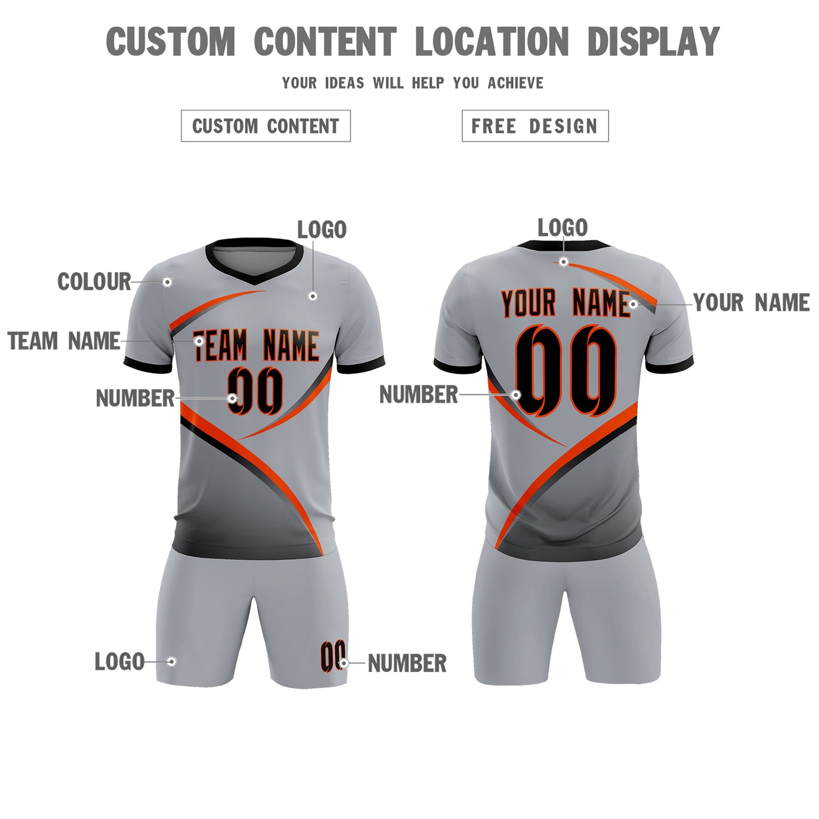 Custom Gray Black Color Block Training Uniform For Men Soccer Sets Jersey