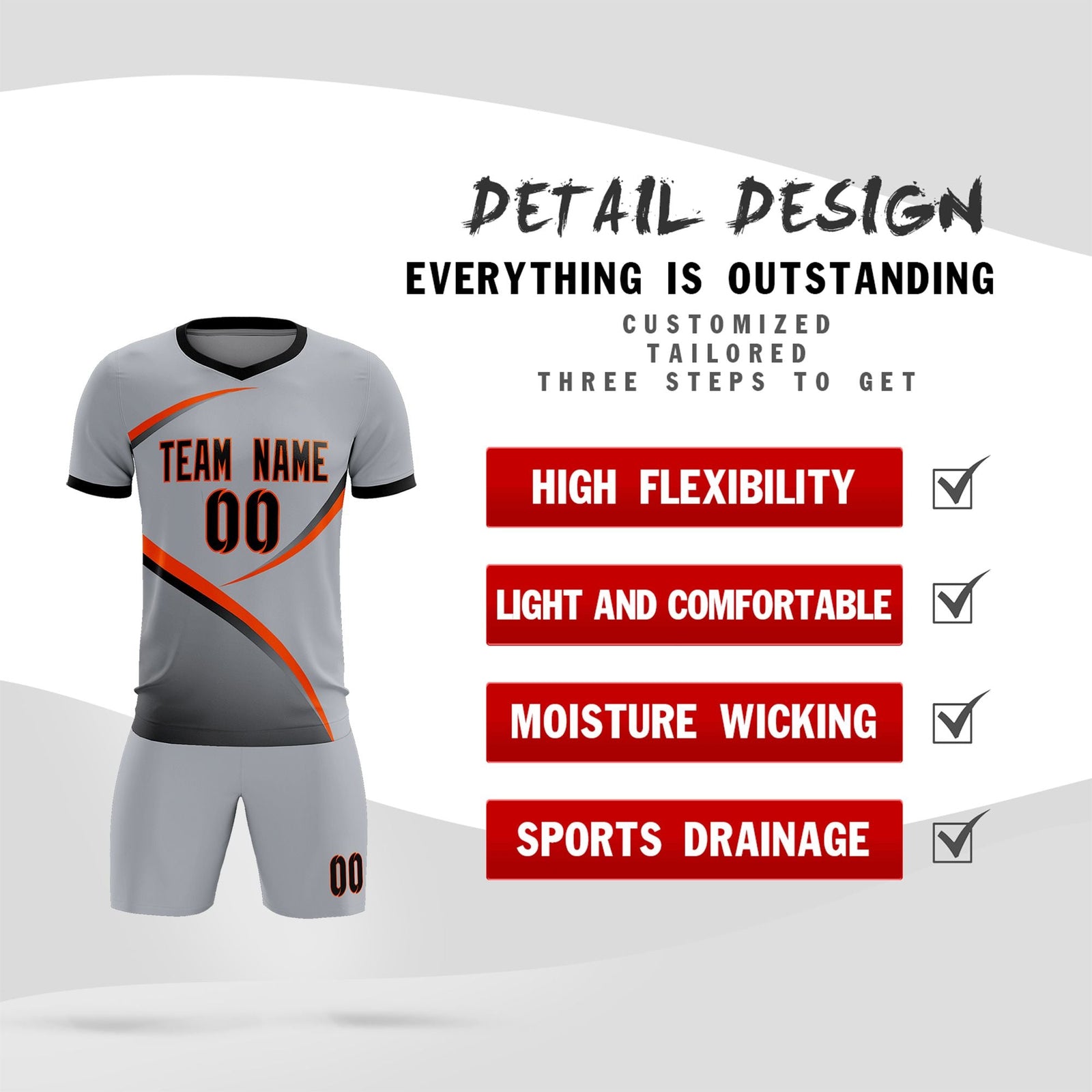 Custom Gray Black Color Block Training Uniform For Men Soccer Sets Jersey