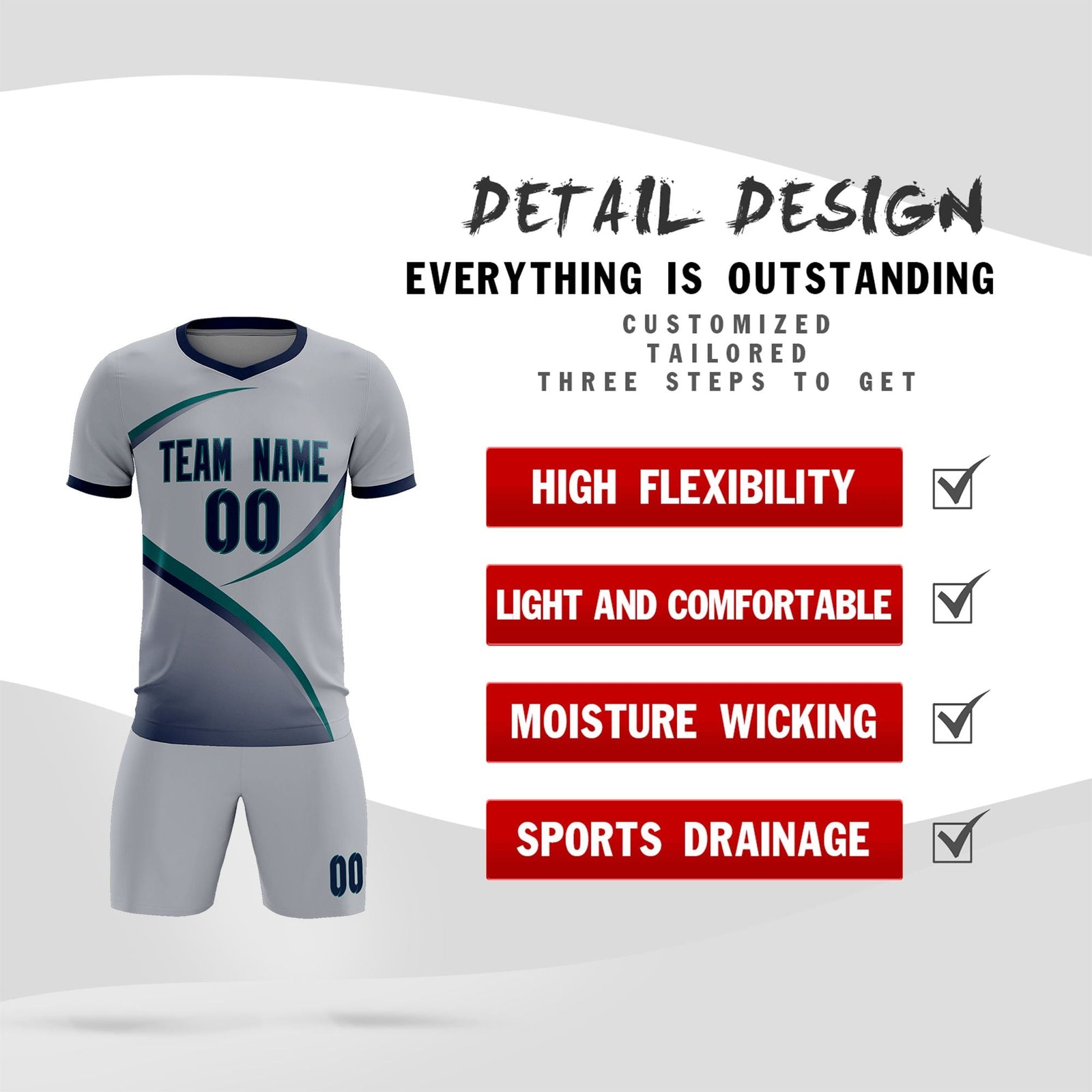 Custom Gray Navy Color Block Training Uniform For Men Soccer Sets Jersey
